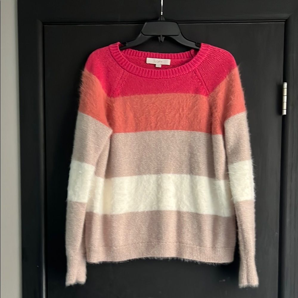 LOFT Pink and Cream Crew Neck Sweater with Color-Block Stripes
